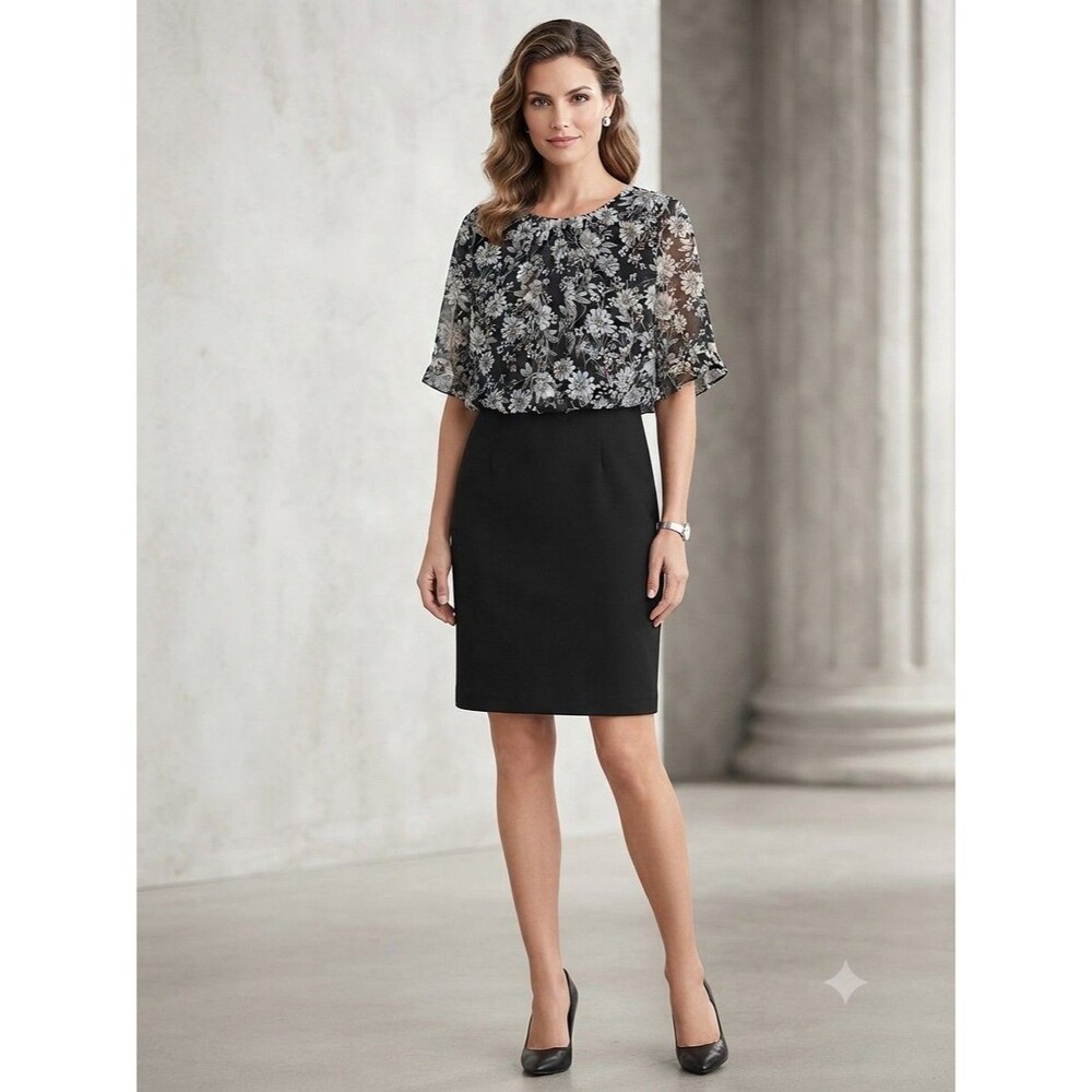 Connected Apparel Black White Floral Popover Dress Size 8